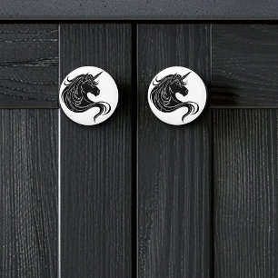 Pomo De Cerámica Unicornio Tribal Negro Fantasía Minimalista Blanco