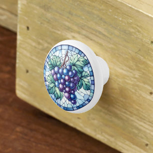 Pomo De Cerámica Uvas al aguarela vidrio emplomado azul púrpura ver