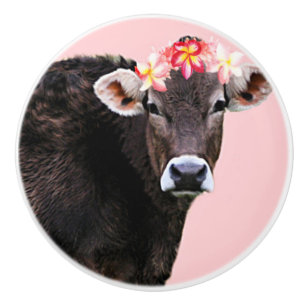 Pomo De Cerámica Vaca Aloha, Lei, verano rosado divertido