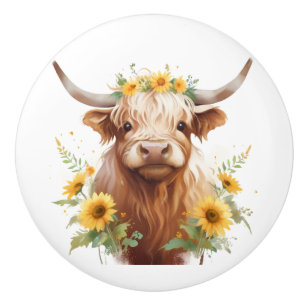 Pomo De Cerámica Vaca Highland con la flor amarilla