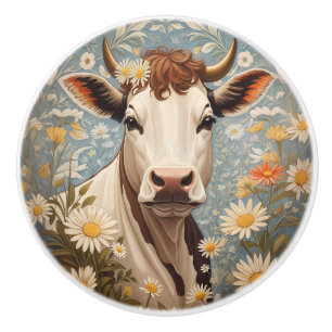 Pomo De Cerámica Vaca Linda Con Flores De Margarita
