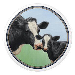 Pomo De Cerámica Vaca y ternera de Holstein