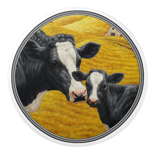 Pomo De Cerámica Vacas Holstein y la antigua fábrica de madera (Anverso)