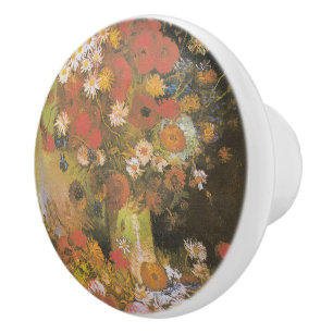 Pomo De Cerámica Vase con cornflores y cachorros, peonías y crisant