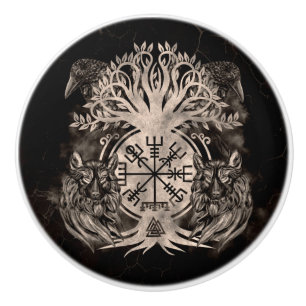 Pomo De Cerámica Vegvisir - Yggdrasil con Ravens y Wolves