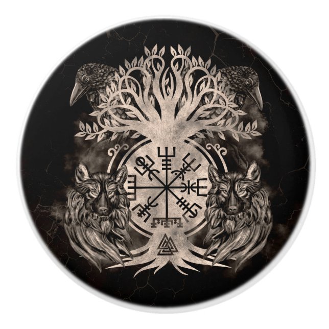 Pomo De Cerámica Vegvisir - Yggdrasil con Ravens y Wolves (Anverso)