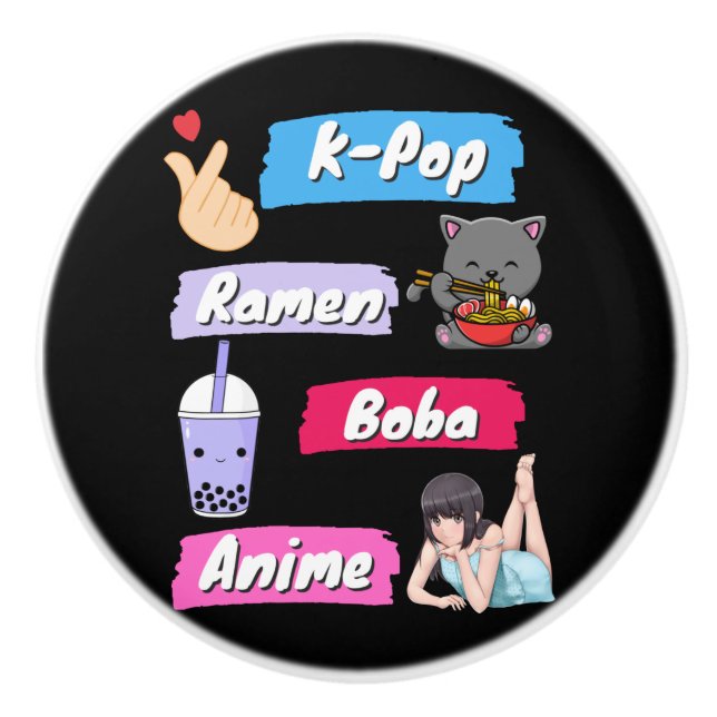 Pomo De Cerámica Ventilador de la cultura K-Pop, Ramen, Boba y Anim (Anverso)