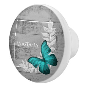 Pomo De Cerámica Verde azulada mariposa Rustic Personalized Ceramic