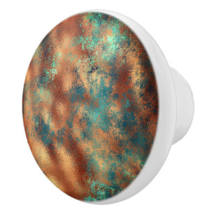 Pomo De Cerámica Verde azulado marrón faux copper patina inspirado