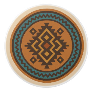 Pomo De Cerámica Verde azulado Ochre Zigzag Diamond Zapotec Cerámic