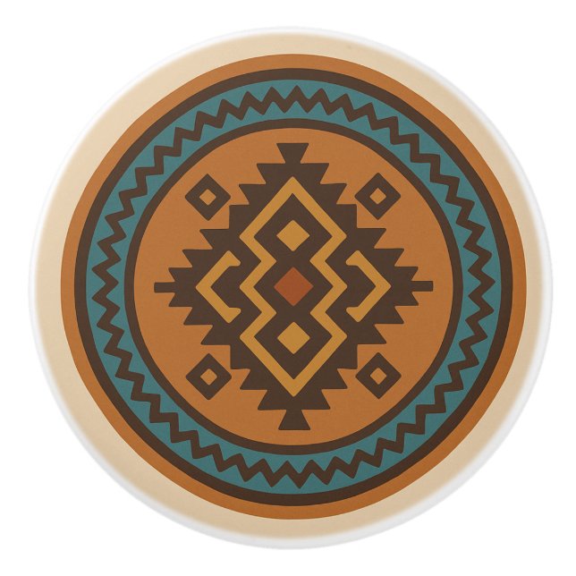 Pomo De Cerámica Verde azulado Ochre Zigzag Diamond Zapotec Cerámic (Anverso)