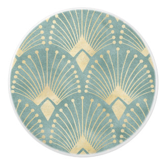 Pomo De Cerámica Verde de la pluma, oro, patrón Art Decó, vintage, 