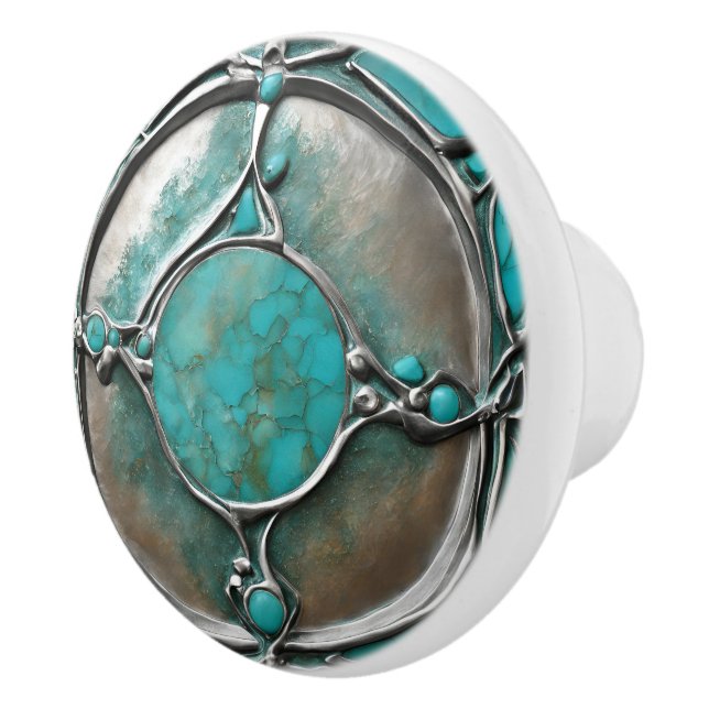 Pomo De Cerámica Verdigris Turquoise & Silver Art Deco  (Derecha)