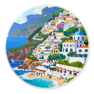 Pomo De Cerámica Villa Positano, Italia, acuarela de la costa itali