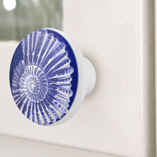 Pomo De Cerámica Vintage Beach Nautical Coastal Blue Seashell Conch
