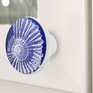 Pomo De Cerámica Vintage Beach Nautical Coastal Blue Seashell Conch