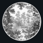 Pomo De Cerámica Vintage Cottage Landscape Toile-Black & White<br><div class="desc">Clásico paisaje vintage de estilo toile de jouy con una casa de campo rústica y un puente en un claro enmarcado por un bosque de árboles en tonos negros y grises sobre fondo blanco. El patrón no tiene fisuras y puede ampliarse o reducirse.</div>