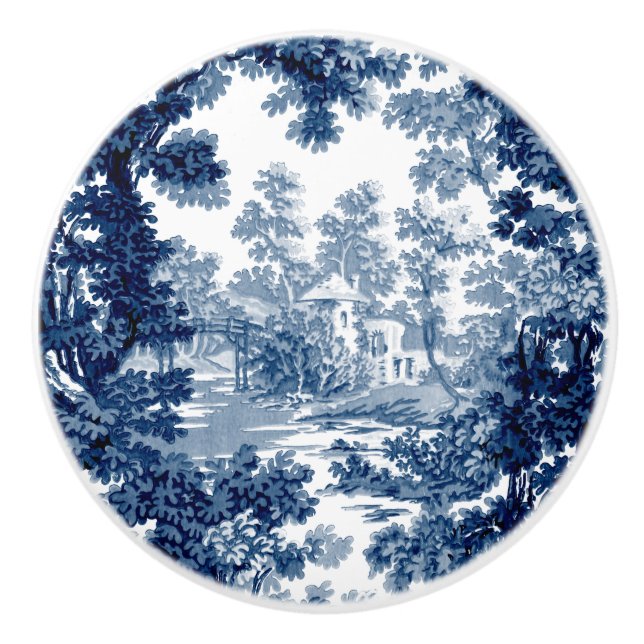 Pomo De Cerámica Vintage Cottage Paisaje Toile-Blue & White (Anverso)