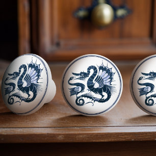 Pomo De Cerámica Vintage Dutch Delft Blue Dragon Bird Battle Morgan