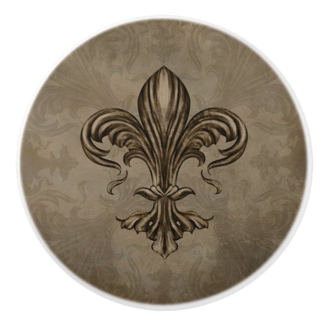 Pomo De Cerámica Vintage Fleur-de-lis Sepia (Anverso)