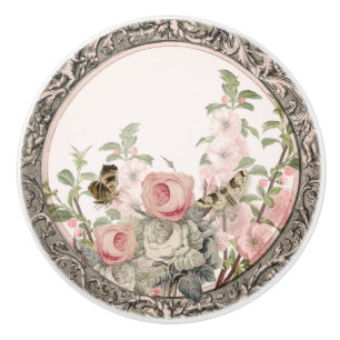 Pomo De Cerámica Vintage French Garden Black Pink Floral Foliage