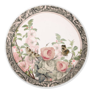 Pomo De Cerámica Vintage French Garden Black Pink Floral Foliage Ce