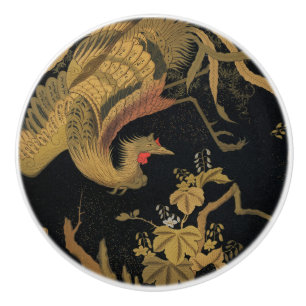 Pomo De Cerámica Vintage japonés Phoenix Gold Black Bird
