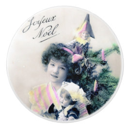 Pomo De Cerámica Vintage Joyeux Noël con Chica y muñeca