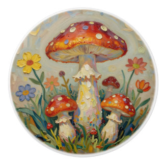 Pomo De Cerámica Vintage Mushrooms and Flowers Whimsical