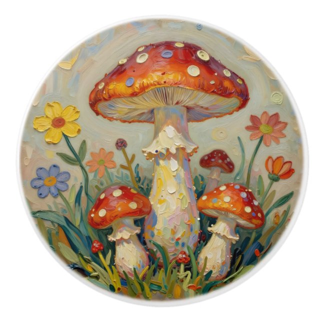 Pomo De Cerámica Vintage Mushrooms and Flowers Whimsical (Anverso)