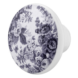 Pomo De Cerámica Vintage púrpura azul Toile floral No.3 de la mora