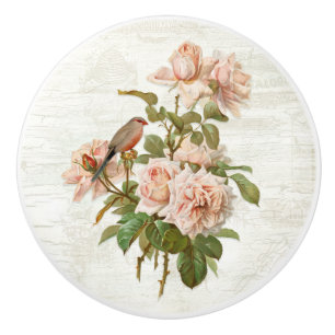 Pomo De Cerámica Vintage Rubor Rosa Rosa Rosa Botánica Ave Madera