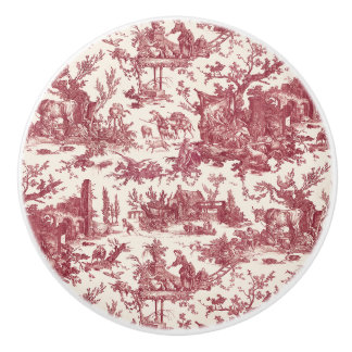 Pomo De Cerámica Vintage Rustic Farm French Toile-Red & Tan