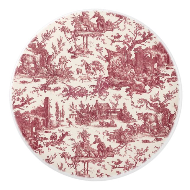 Pomo De Cerámica Vintage Rustic Farm French Toile-Red & Tan (Anverso)