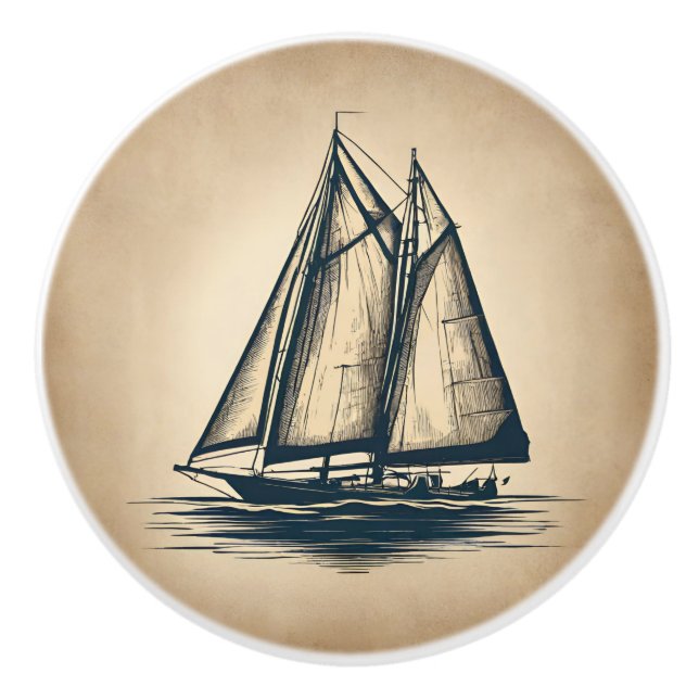 Pomo De Cerámica Vintage Sailboat Marítimo Náutico (Anverso)