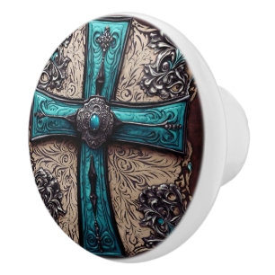 Pomo De Cerámica Vintage Southern Turquoise Western Country Cross