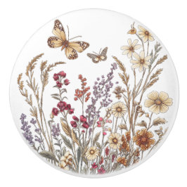 Pomo De Cerámica Vintage Wildflower Meadow con mariposas