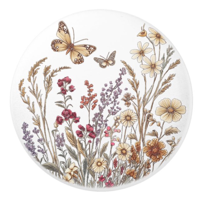 Pomo De Cerámica Vintage Wildflower Meadow con mariposas (Anverso)