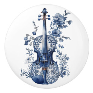 Pomo De Cerámica Violín de estilo Delft azul y blanco con flores