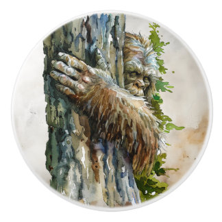 Pomo De Cerámica Watercolor Bigfoot Hiding Forest Ceramic Pull