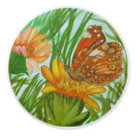 Pomo De Cerámica Watercolor Butterfly flower garden