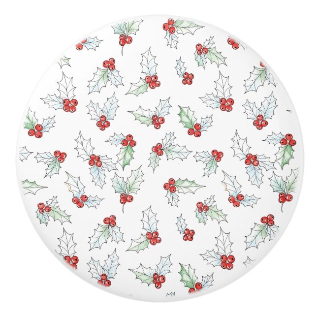 Pomo De Cerámica Watercolor Holly Leaves and Red Berries (Anverso)