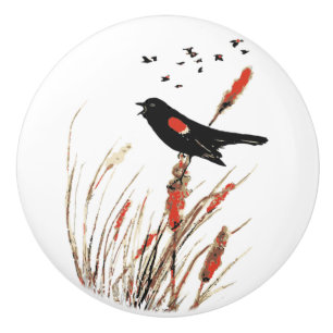Pomo De Cerámica Watercolor Red Winging Blackbird Arte Natural de A