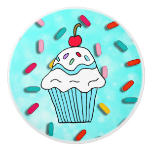 Pomo De Cerámica Whimsical Blue Cupcake con cereza en la cima