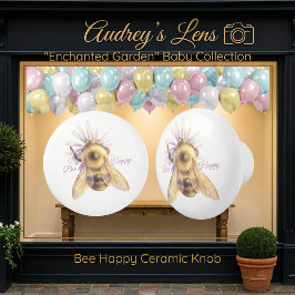Pomo De Cerámica Whimsical Bumblebee & Wildflowers "Bee Happy"