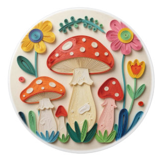 Pomo De Cerámica Whimsical Cottage Core Mushrooms & Flowers