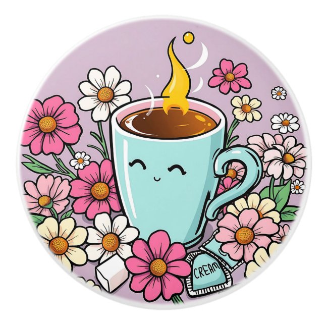 Pomo De Cerámica Whimsical Cup of Warm Coffee and Flowers (Anverso)