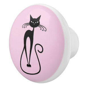 Pomo De Cerámica Whimsical Skinny Black Cat Rosa