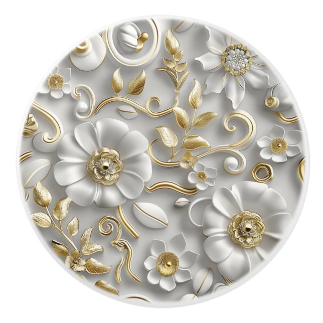 Pomo De Cerámica White Gold Decorative 3D Floral Elegant  (Anverso)