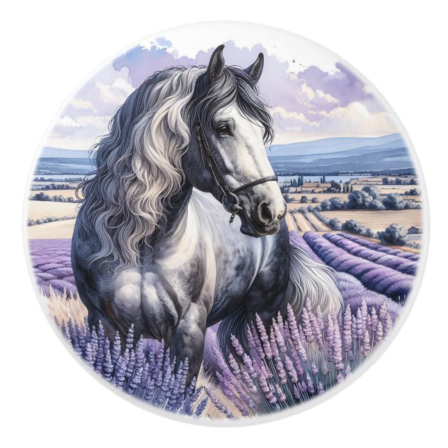 Pomo De Cerámica White Horse in a Lavender Field (Anverso)